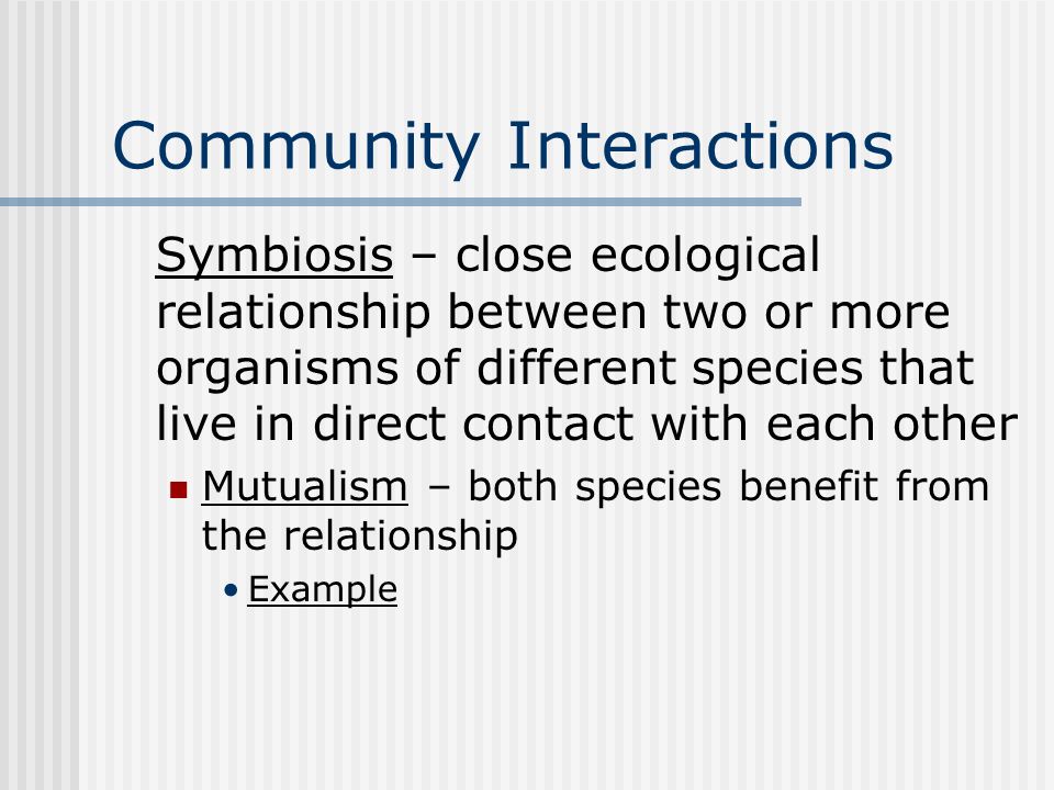 Community Interactions Symbiosis – close ecological relationship between two or more organisms of different species that live in direct contact with each other Mutualism – both species benefit from the relationship Example