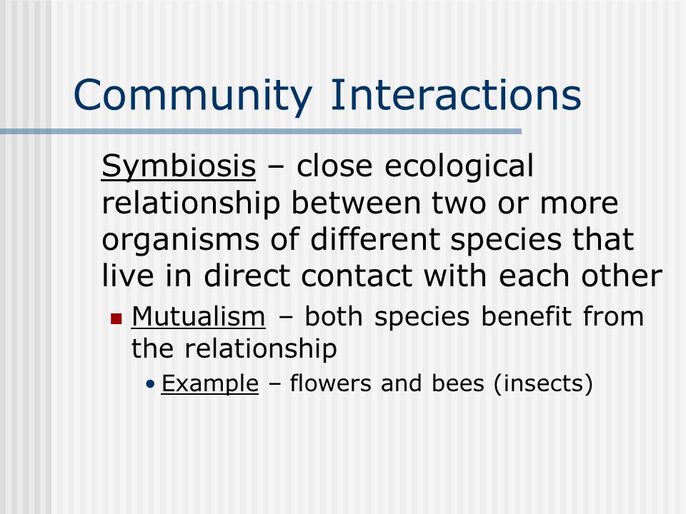 Community Interactions Symbiosis – close ecological relationship between two or more organisms of different species that live in direct contact with each other Mutualism – both species benefit from the relationship Example – flowers and bees (insects)