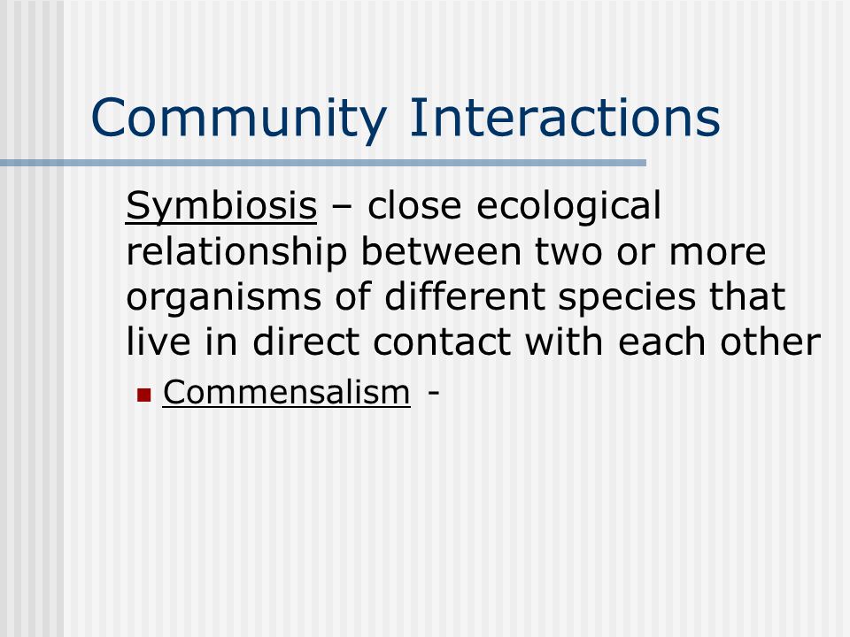 Community Interactions Symbiosis – close ecological relationship between two or more organisms of different species that live in direct contact with each other Commensalism -