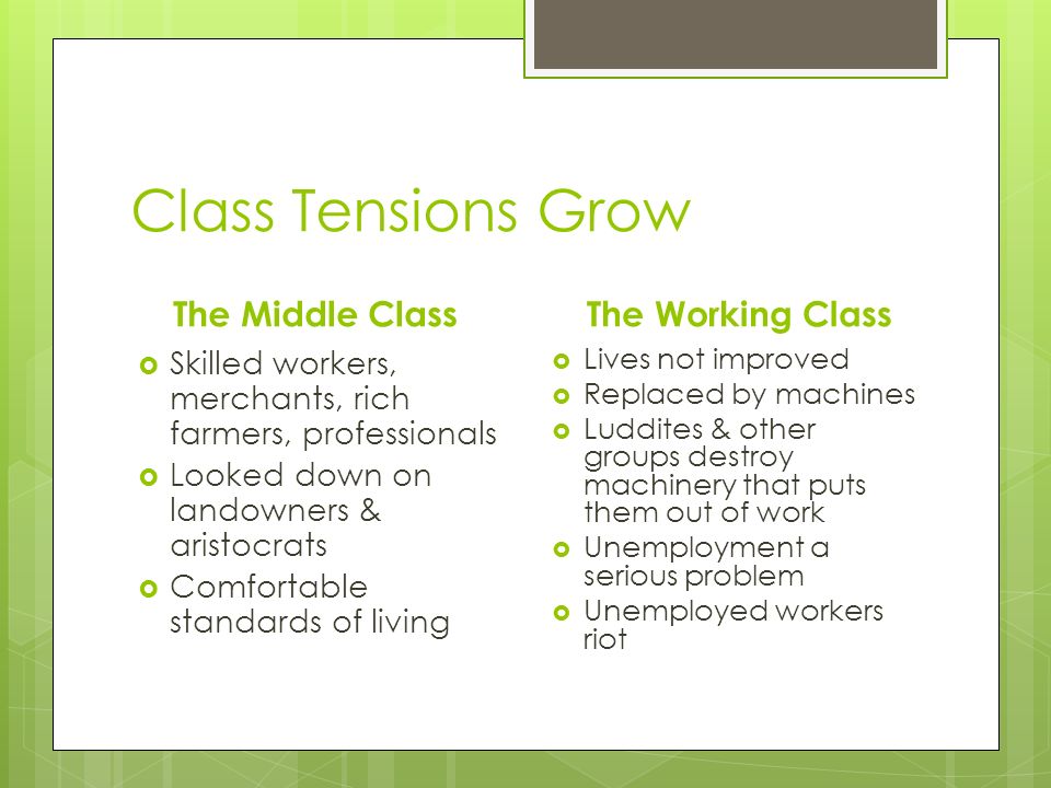 Class Tensions Grow The Middle Class  Skilled workers, merchants, rich farmers, professionals  Looked down on landowners & aristocrats  Comfortable standards of living The Working Class  Lives not improved  Replaced by machines  Luddites & other groups destroy machinery that puts them out of work  Unemployment a serious problem  Unemployed workers riot