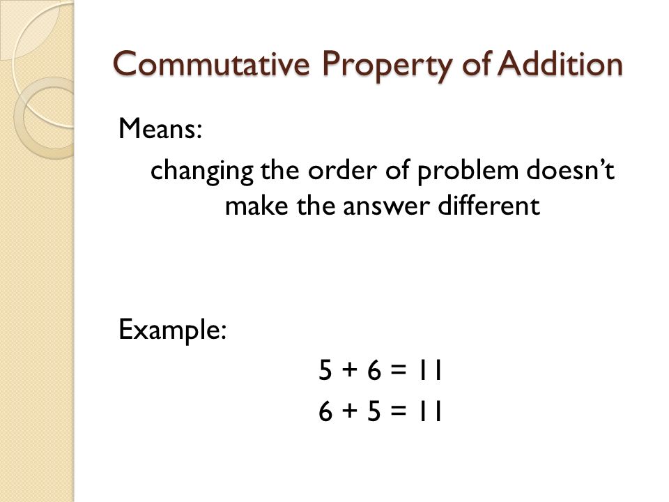 Commutative Property of Addition Means: changing the order of problem doesn’t make the answer different Example: = = 11
