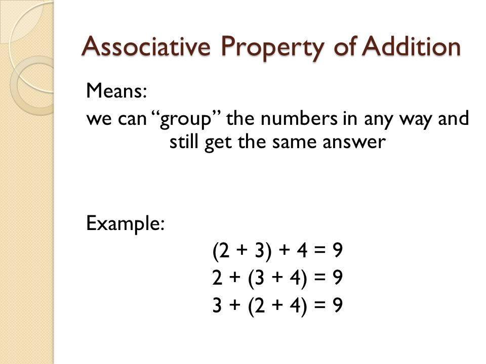 Associative Property of Addition Means: we can group the numbers in any way and still get the same answer Example: (2 + 3) + 4 = (3 + 4) = (2 + 4) = 9