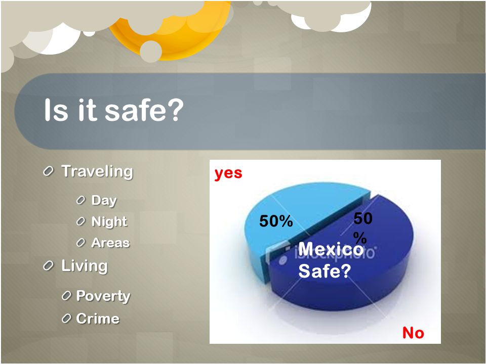 Is it safe TravelingDayNightAreasLivingPovertyCrime Mexico Safe 50% yes No