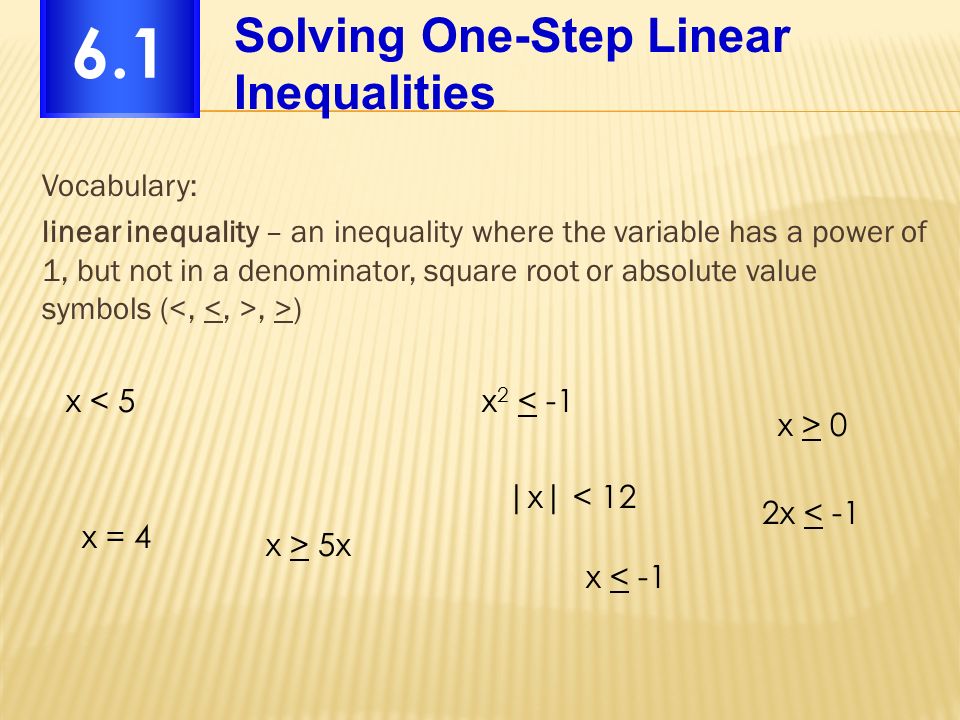 Vocabulary: linear inequality – an inequality where the variable has a power of 1, but not in a denominator, square root or absolute value symbols (, >) Solving One-Step Linear Inequalities 6.1 x < 5x 2 < -1 x > 0 x = 4 x < -1 2x < -1 x > 5x |x| < 12