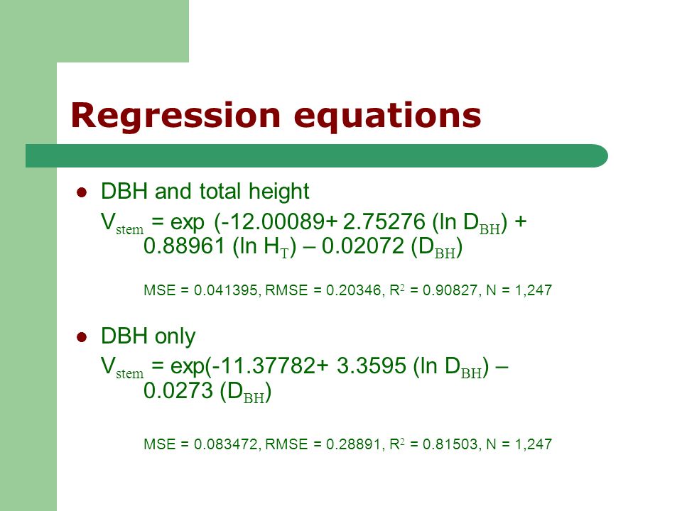 CUFC 06/15/04 Regression equations DBH and total height V stem = exp ( (ln D BH ) (ln H T ) – (D BH ) MSE = , RMSE = , R 2 = , N = 1,247 DBH only V stem = exp( (ln D BH ) – (D BH ) MSE = , RMSE = , R 2 = , N = 1,247