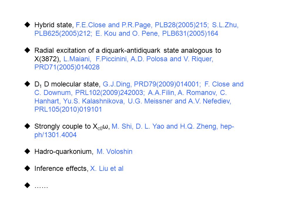  Hybrid state, F.E.Close and P.R.Page, PLB28(2005)215; S.L.Zhu, PLB625(2005)212; E.