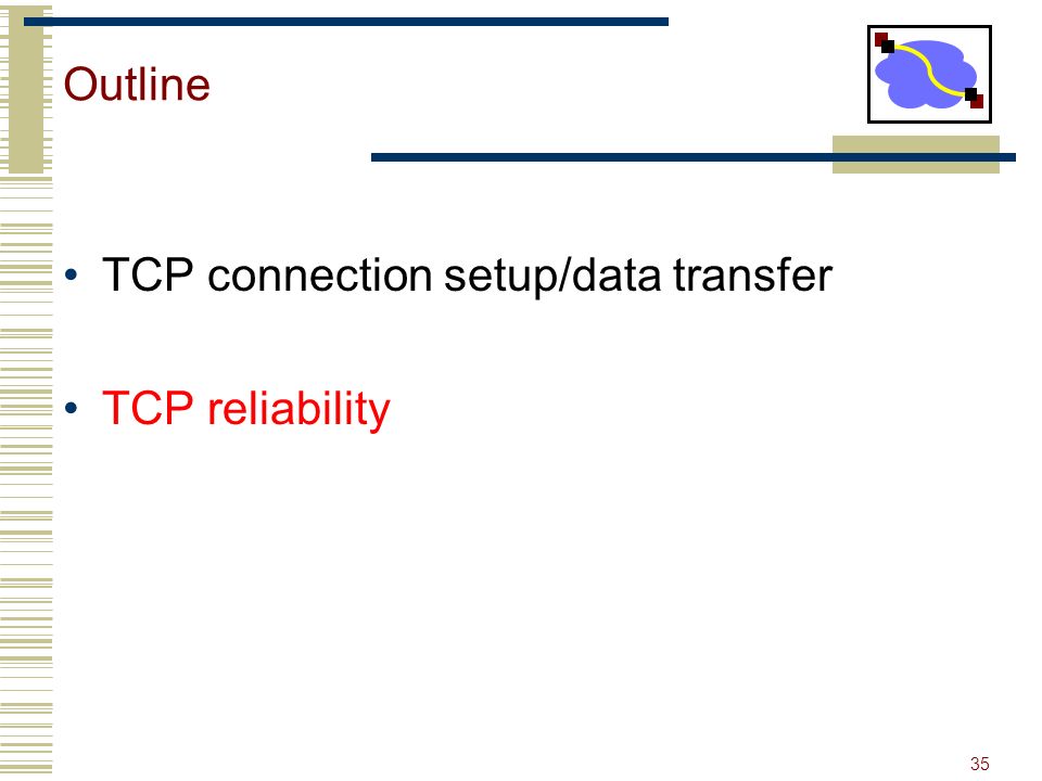 35 Outline TCP connection setup/data transfer TCP reliability