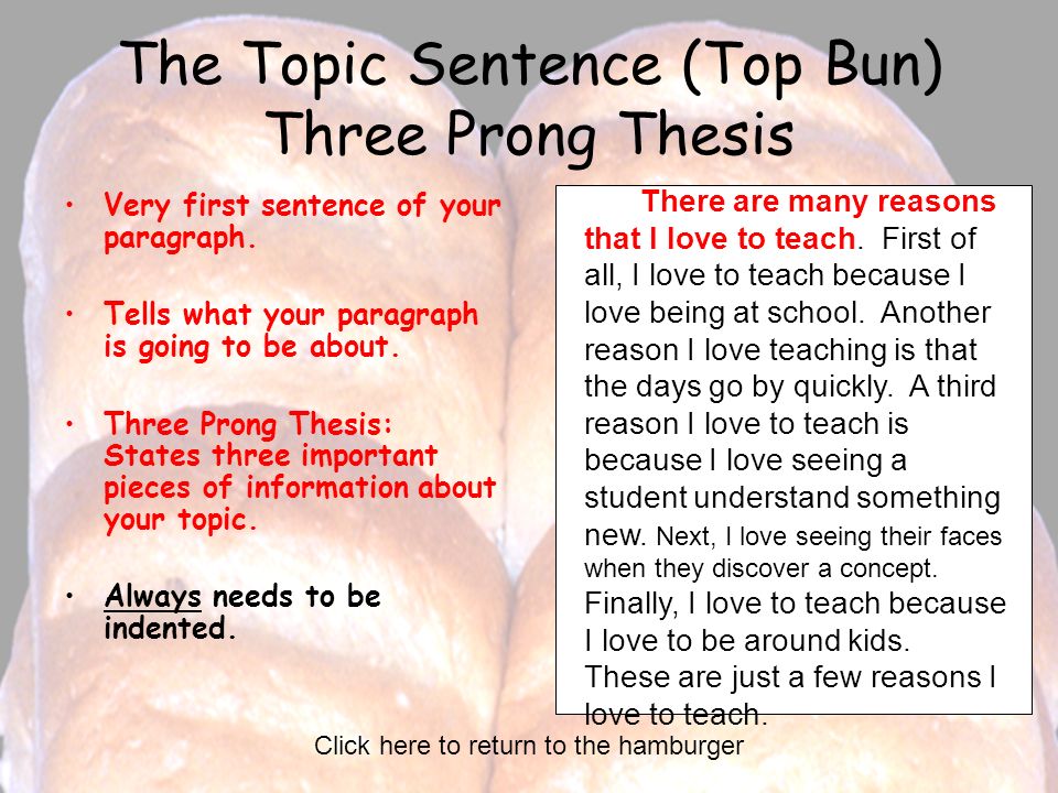 The Topic Sentence (Top Bun) Three Prong Thesis Very first sentence of your paragraph.