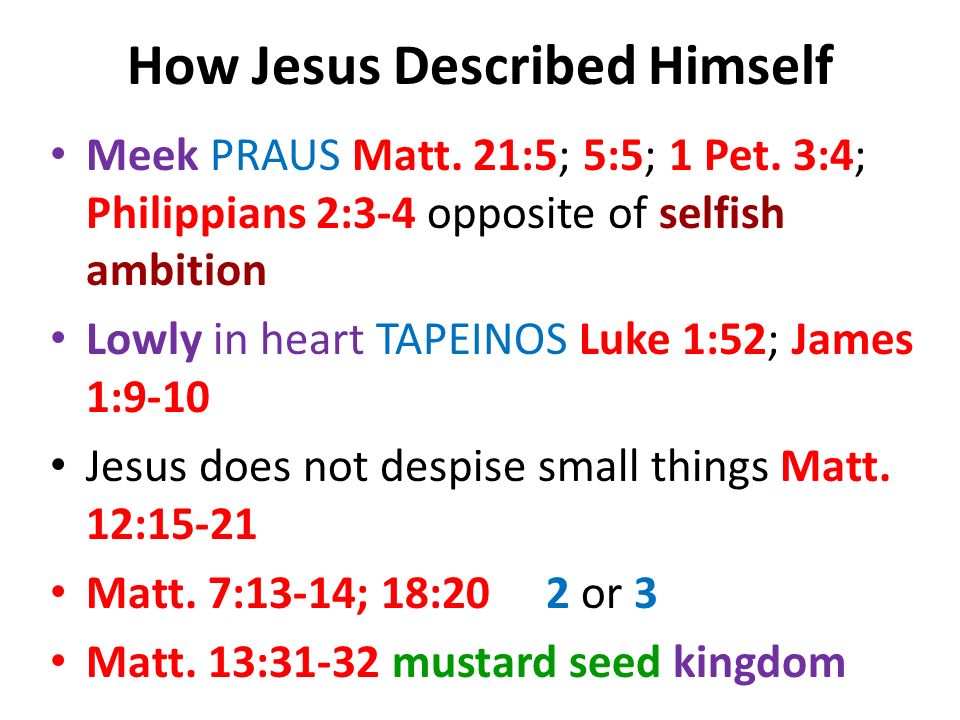 How Jesus Described Himself Meek PRAUS Matt. 21:5; 5:5; 1 Pet.