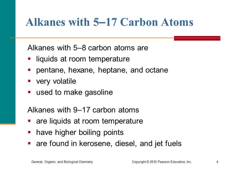 General, Organic, and Biological Chemistry Copyright © 2010 Pearson Education, Inc.4 Alkanes with 5 – 17 Carbon Atoms Alkanes with 5–8 carbon atoms are  liquids at room temperature  pentane, hexane, heptane, and octane  very volatile  used to make gasoline Alkanes with 9–17 carbon atoms  are liquids at room temperature  have higher boiling points  are found in kerosene, diesel, and jet fuels