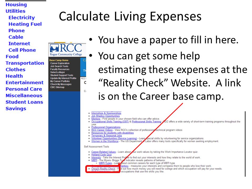 Calculate Living Expenses You have a paper to fill in here.