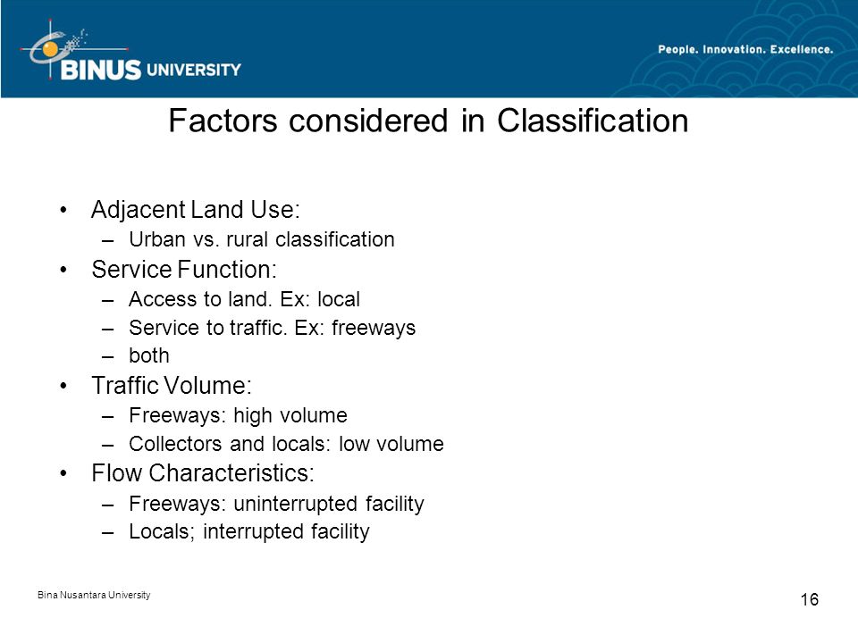 Bina Nusantara University 16 Factors considered in Classification Adjacent Land Use: –Urban vs.