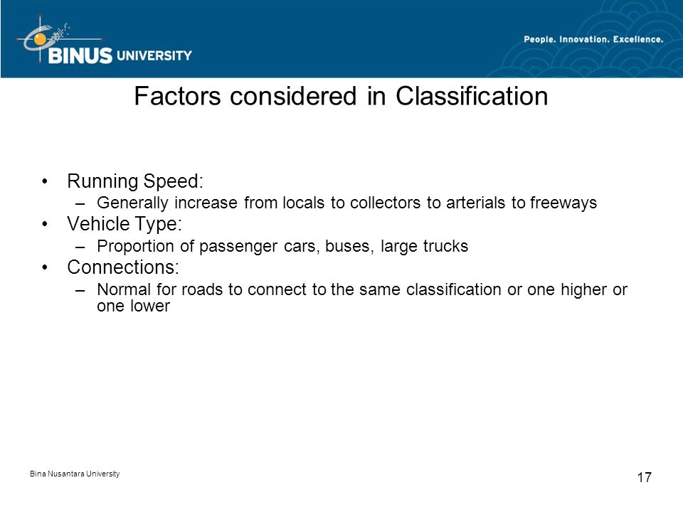 Bina Nusantara University 17 Factors considered in Classification Running Speed: –Generally increase from locals to collectors to arterials to freeways Vehicle Type: –Proportion of passenger cars, buses, large trucks Connections: –Normal for roads to connect to the same classification or one higher or one lower
