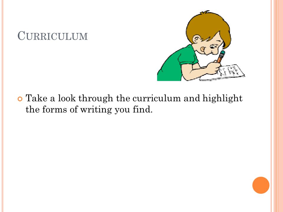 C URRICULUM Take a look through the curriculum and highlight the forms of writing you find.
