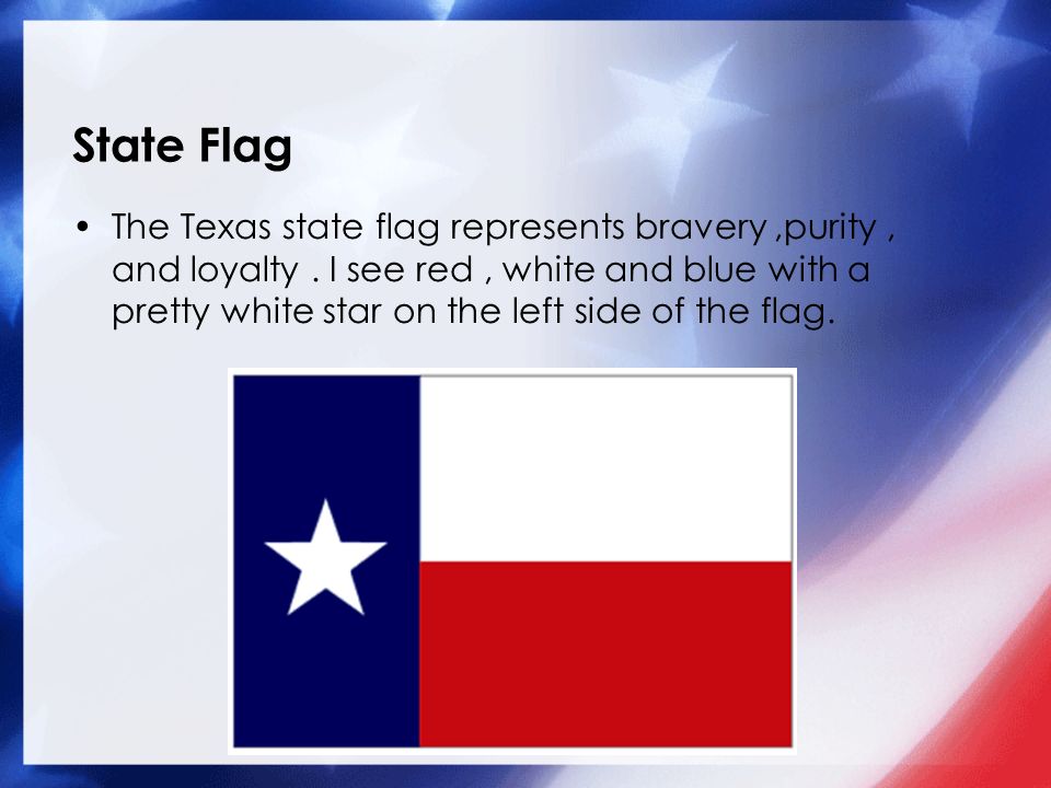 State Flag The Texas state flag represents bravery,purity, and loyalty.