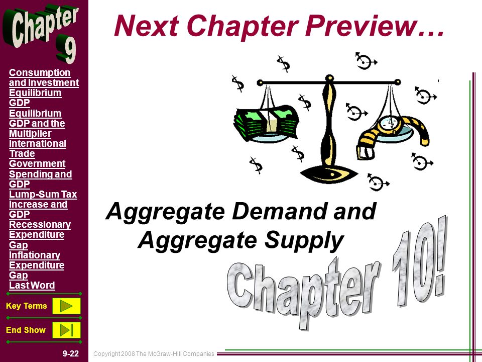 Copyright 2008 The McGraw-Hill Companies 9-22 Consumption and Investment Equilibrium GDP Equilibrium GDP and the Multiplier International Trade Government Spending and GDP Lump-Sum Tax Increase and GDP Recessionary Expenditure Gap Inflationary Expenditure Gap Last Word Key Terms End Show Next Chapter Preview… Aggregate Demand and Aggregate Supply