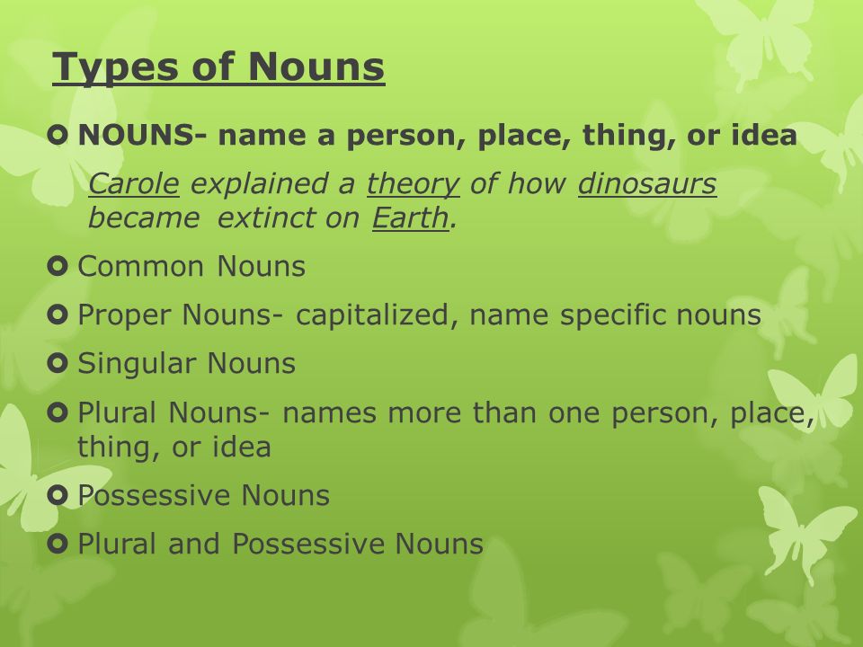 Types of Nouns  NOUNS- name a person, place, thing, or idea Carole explained a theory of how dinosaurs became extinct on Earth.