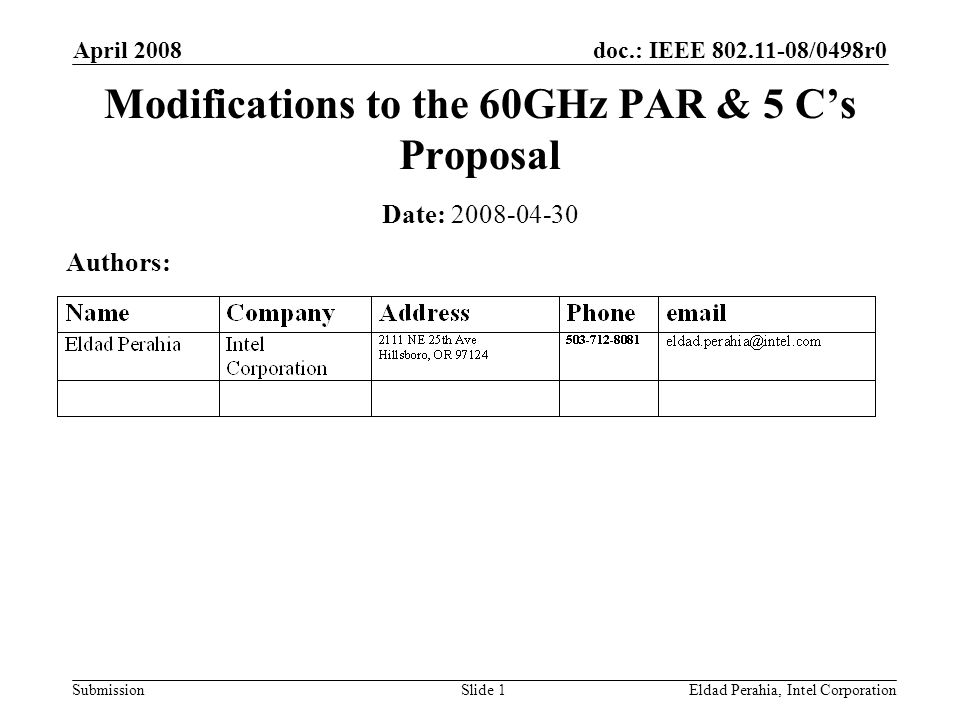 doc.: IEEE /0498r0 Submission April 2008 Eldad Perahia, Intel CorporationSlide 1 Modifications to the 60GHz PAR & 5 C’s Proposal Date: Authors: