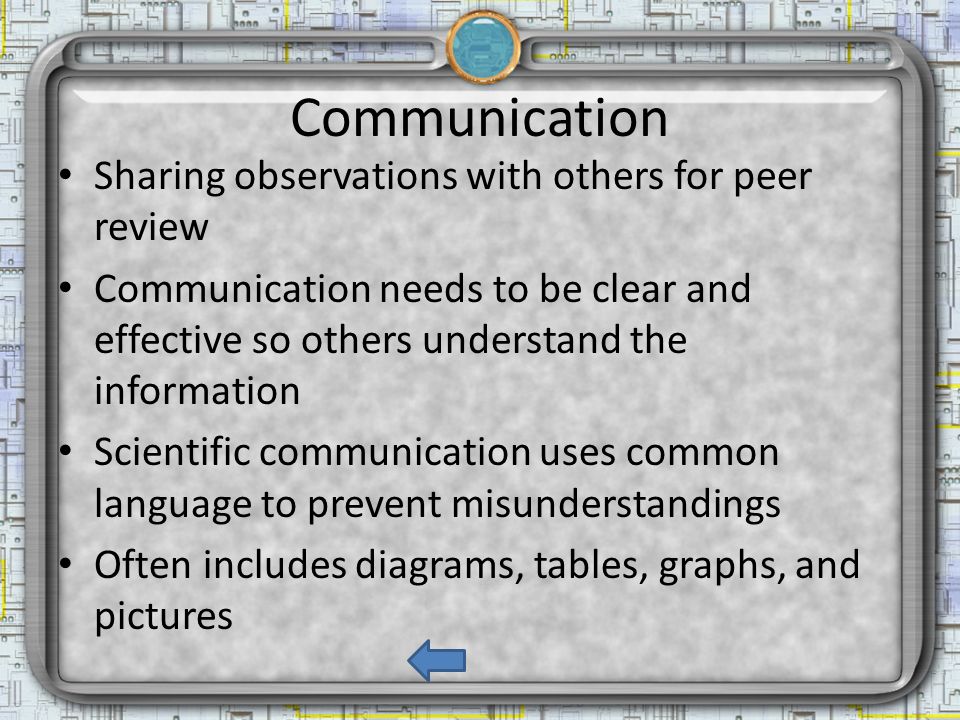 Communication Sharing observations with others for peer review Communication needs to be clear and effective so others understand the information Scientific communication uses common language to prevent misunderstandings Often includes diagrams, tables, graphs, and pictures