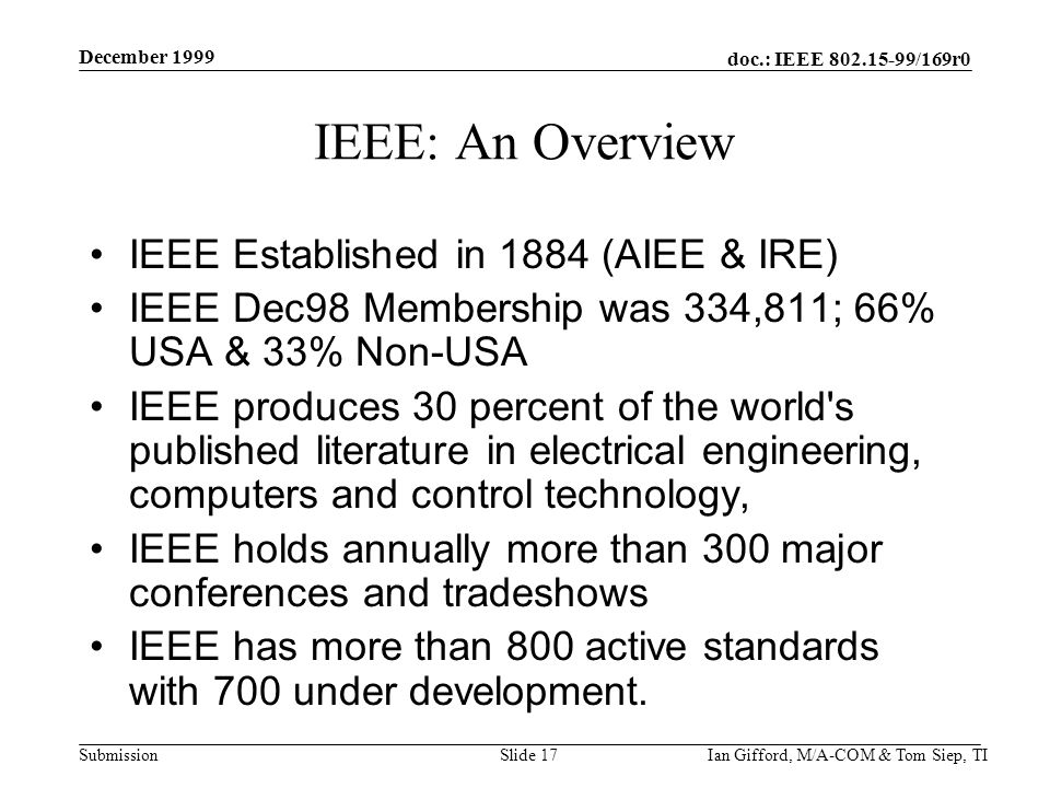 doc.: IEEE /169r0 Submission December 1999 Ian Gifford, M/A-COM & Tom Siep, TISlide 17 IEEE: An Overview IEEE Established in 1884 (AIEE & IRE) IEEE Dec98 Membership was 334,811; 66% USA & 33% Non-USA IEEE produces 30 percent of the world s published literature in electrical engineering, computers and control technology, IEEE holds annually more than 300 major conferences and tradeshows IEEE has more than 800 active standards with 700 under development.