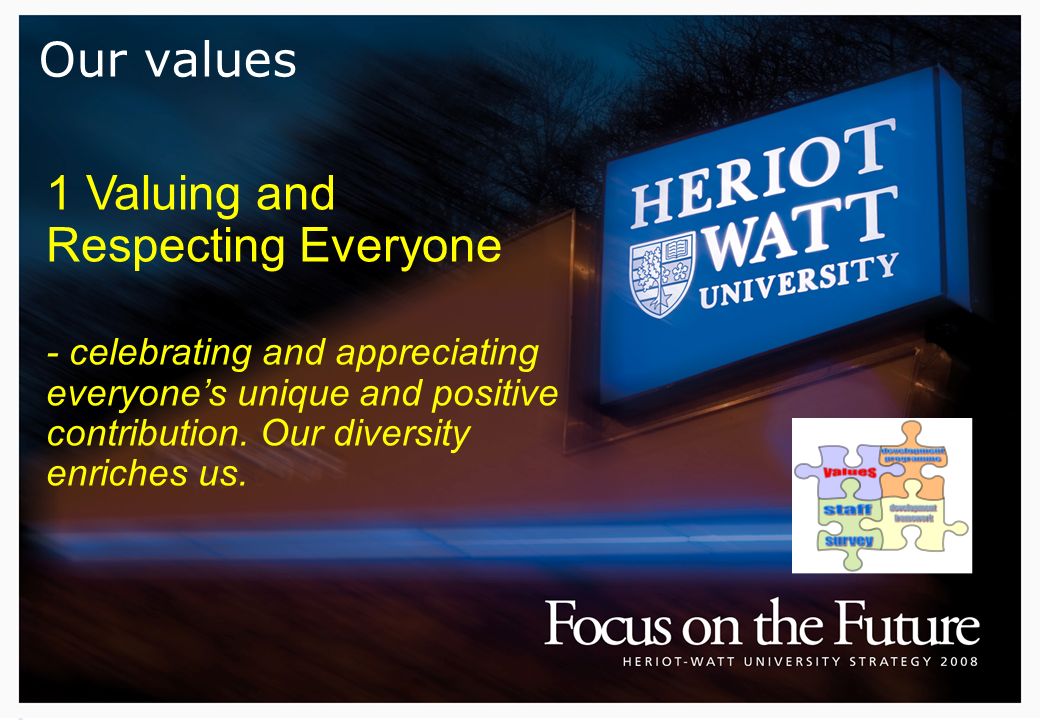 Our values 1 Valuing and Respecting Everyone - celebrating and appreciating everyone’s unique and positive contribution.
