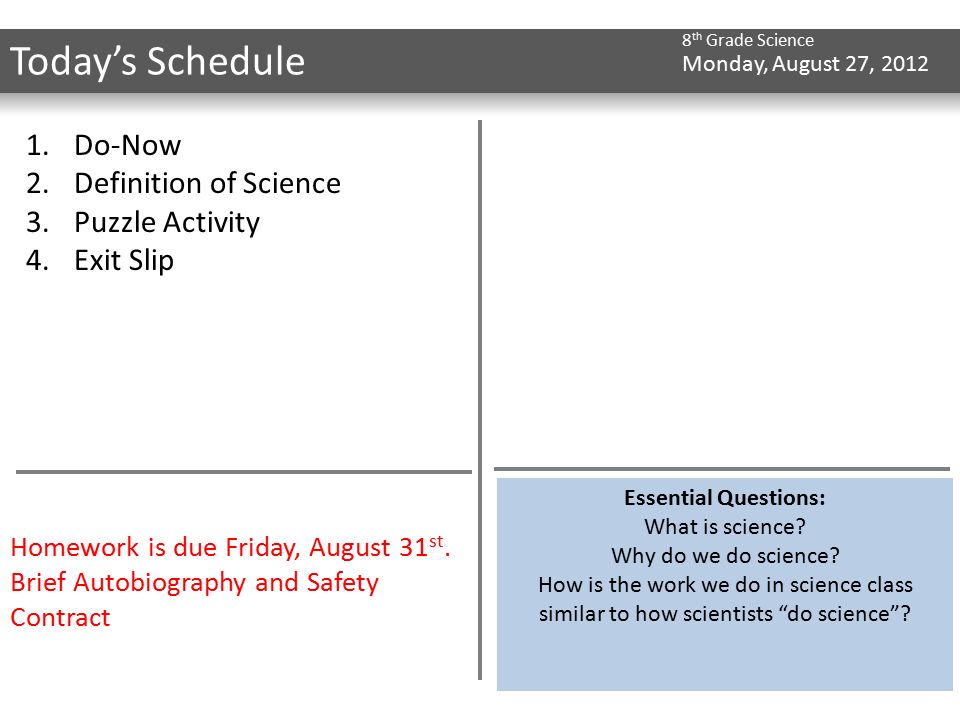 8 Th Grade Science DO NOW Monday August 27 Fold Index Card