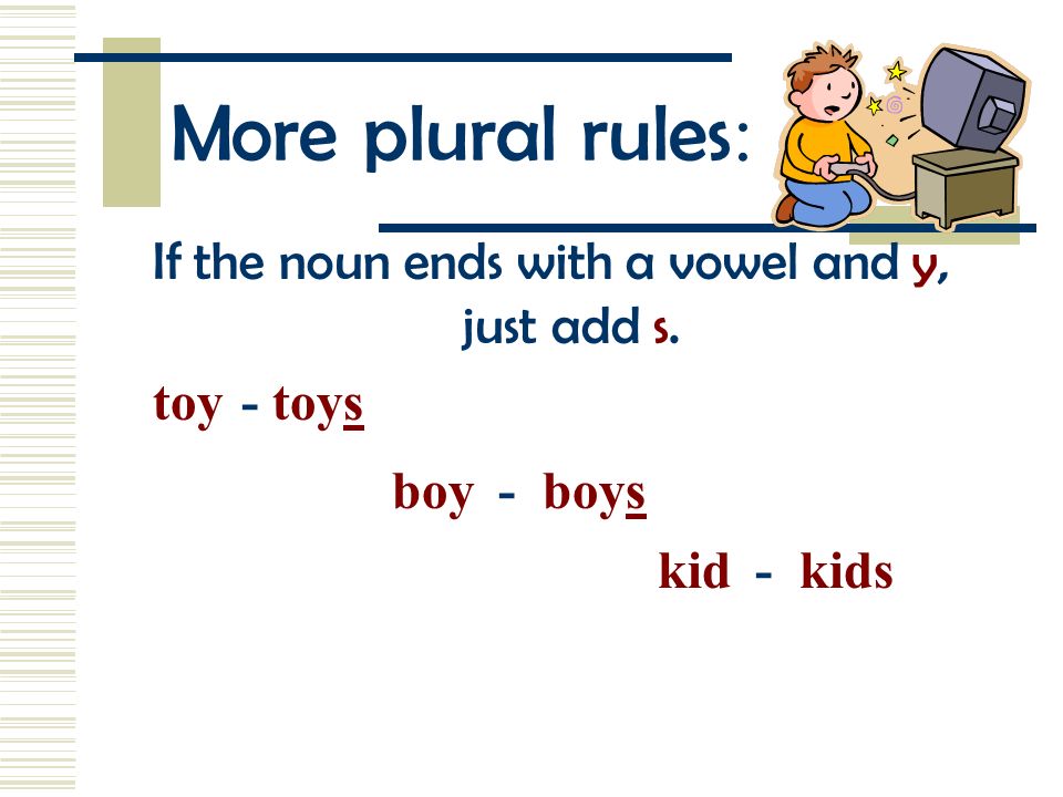 More plural rules : If a singular noun ends with a consonant and y, change the y to i and add es.