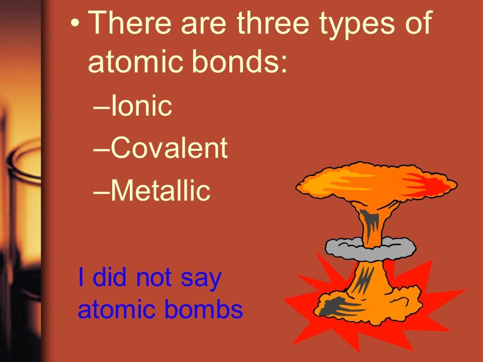There are three types of atomic bonds: –Ionic –Covalent –Metallic I did not say atomic bombs