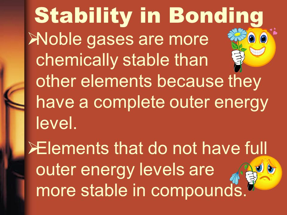 Stability in Bonding  Noble gases are more chemically stable than other elements because they have a complete outer energy level.