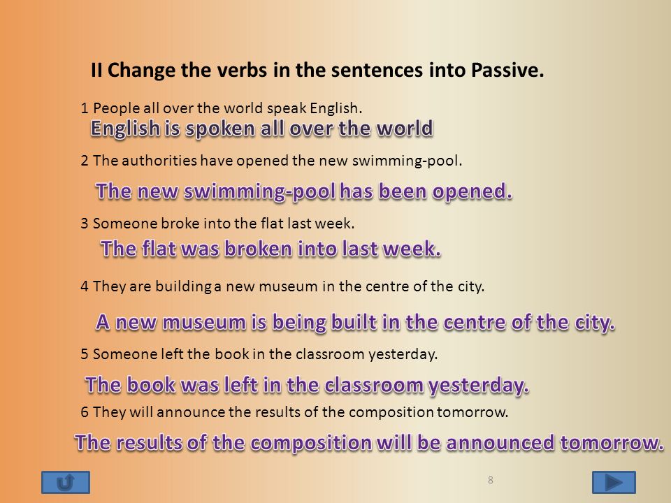 They speak ow. Change the sentences into the Passive Voice. People speak English all over the World. Change the sentences into Passive. By people пассивный залог.