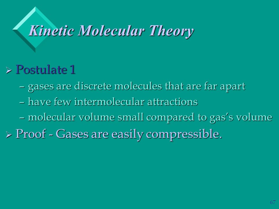 67 Kinetic Molecular Theory  Postulate 1 –gases are discrete molecules that are far apart –have few intermolecular attractions –molecular volume small compared to gas’s volume  Proof - Gases are easily compressible.