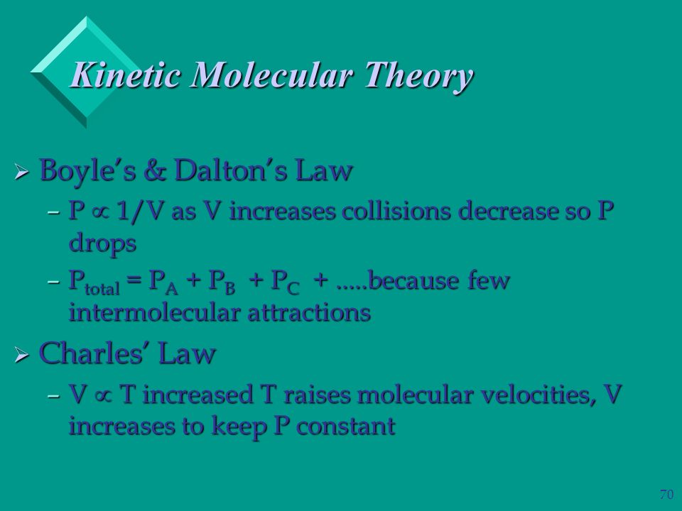 70  Boyle’s & Dalton’s Law –P  1/V as V increases collisions decrease so P drops –P total = P A + P B + P C because few intermolecular attractions  Charles’ Law –V  T increased T raises molecular velocities, V increases to keep P constant Kinetic Molecular Theory
