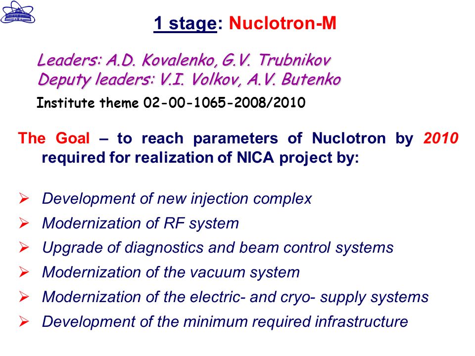 The Goal – to reach parameters of Nuclotron by 2010 required for realization of NICA project by:  Development of new injection complex  Modernization of RF system  Upgrade of diagnostics and beam control systems  Modernization of the vacuum system  Modernization of the electric- and cryo- supply systems  Development of the minimum required infrastructure 1 stage: Nuclotron-M Leaders: A.D.