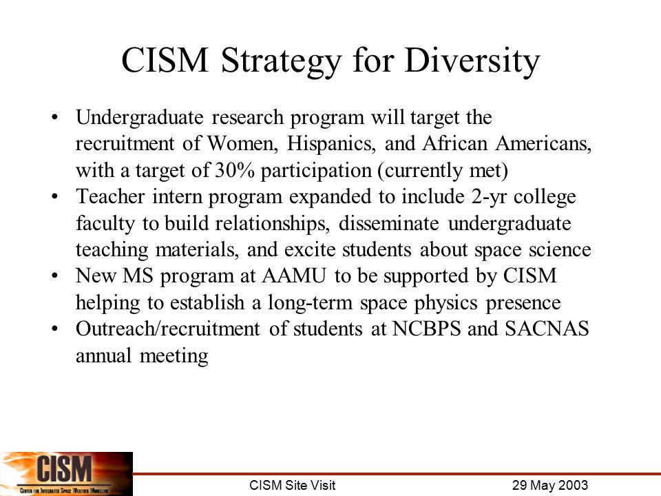 CISM Site Visit 29 May 2003 CISM Strategy for Diversity Undergraduate research program will target the recruitment of Women, Hispanics, and African Americans, with a target of 30% participation (currently met) Teacher intern program expanded to include 2-yr college faculty to build relationships, disseminate undergraduate teaching materials, and excite students about space science New MS program at AAMU to be supported by CISM helping to establish a long-term space physics presence Outreach/recruitment of students at NCBPS and SACNAS annual meeting