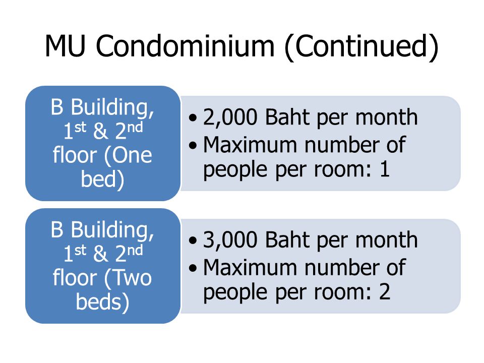 MU Condominium (Continued) 2,000 Baht per month Maximum number of people per room: 1 B Building, 1 st & 2 nd floor (One bed) 3,000 Baht per month Maximum number of people per room: 2 B Building, 1 st & 2 nd floor (Two beds)