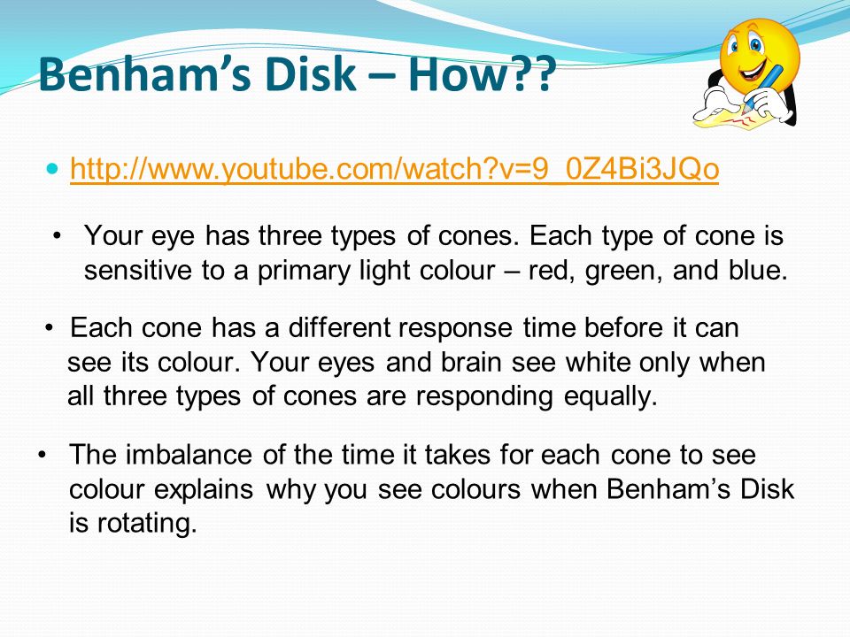 Benham’s Disk – How .   v=9_0Z4Bi3JQo Your eye has three types of cones.