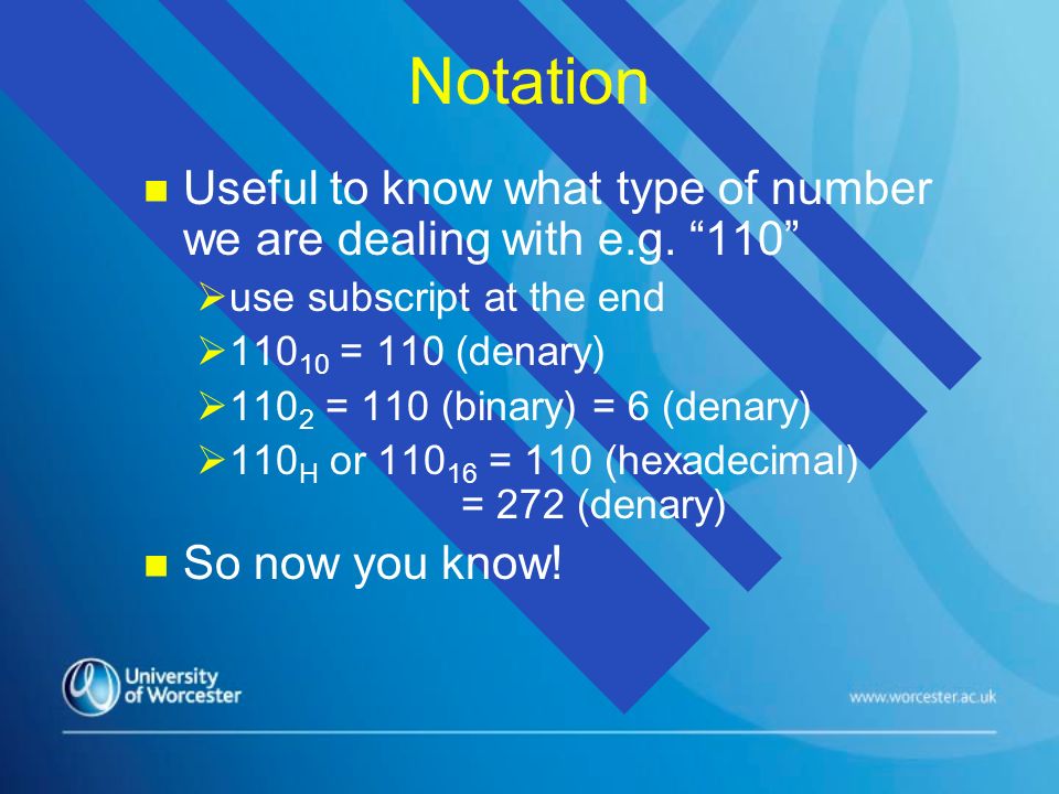 Notation n n Useful to know what type of number we are dealing with e.g.