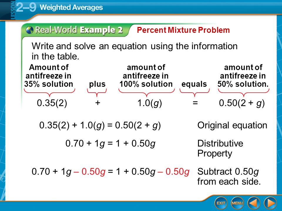 Example 2 Percent Mixture Problem Write and solve an equation using the information in the table.