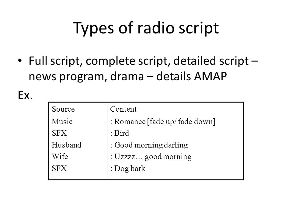 Radio and TV script. Radio script Types of radio script Run down sheet/  fact sheet – for live program, only topic, no details (running order) Ex  ppt download