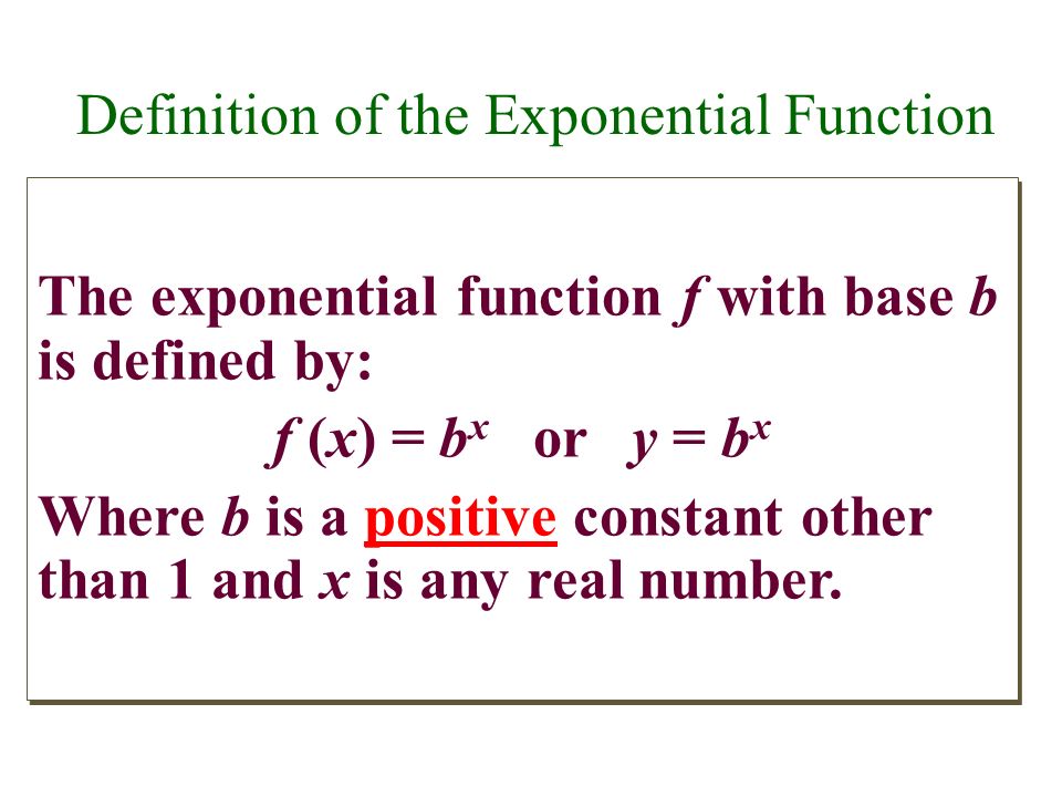 Exponential Functions Definition Of The Exponential Function The Exponential Function F With Base B Is Defined By F X B X Or Y B X Where B Is Ppt Download