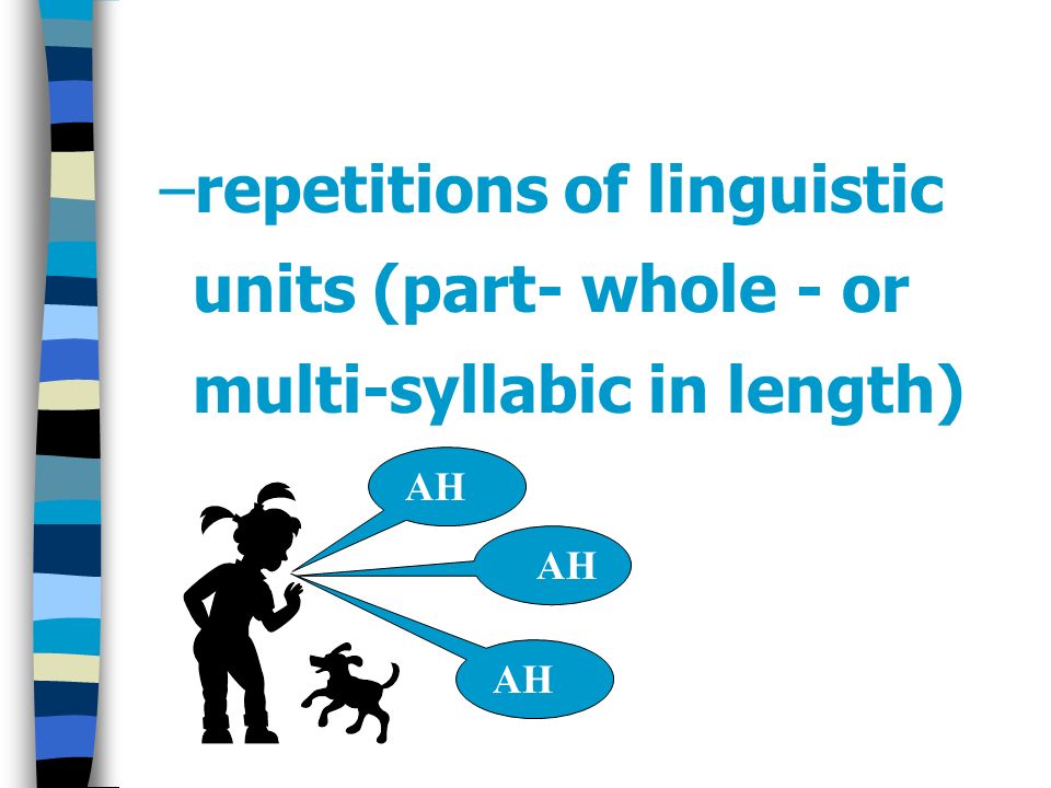 –repetitions of linguistic units (part- whole - or multi-syllabic in length) AH