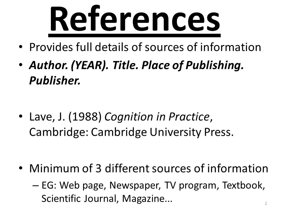 References Provides full details of sources of information Author.