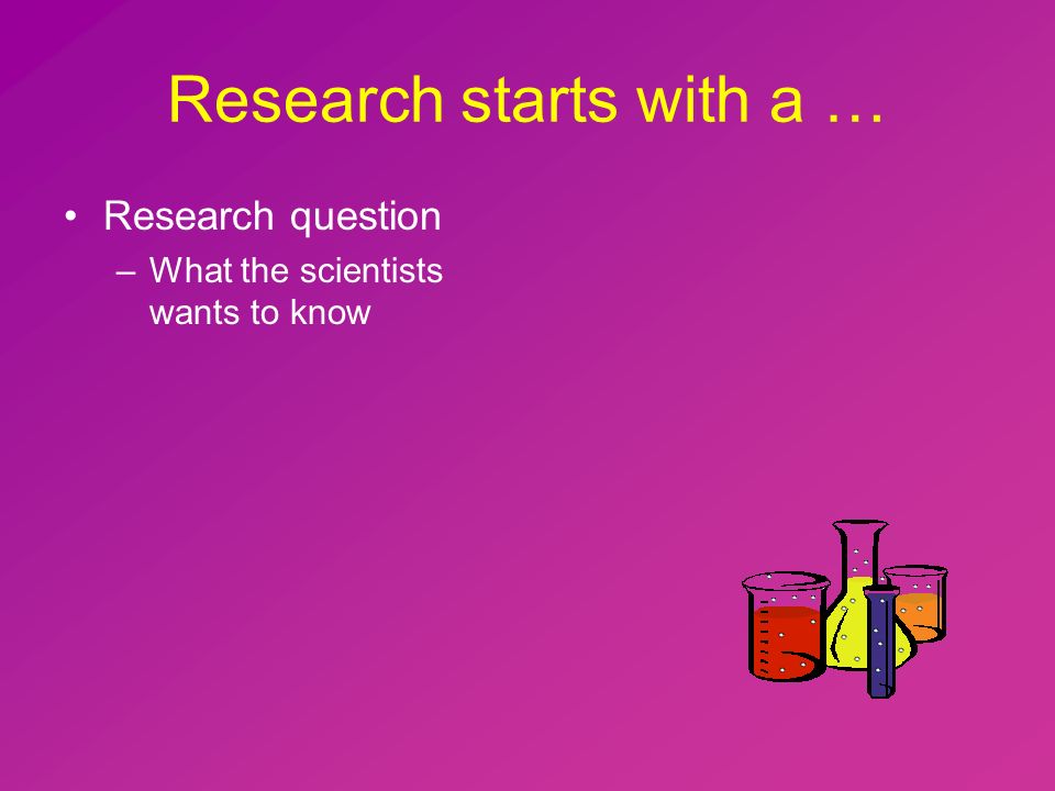 Research starts with a … Research question –What the scientists wants to know