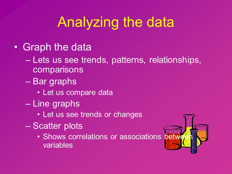 Analyzing the data Graph the data –Lets us see trends, patterns, relationships, comparisons –Bar graphs Let us compare data –Line graphs Let us see trends or changes –Scatter plots Shows correlations or associations between variables