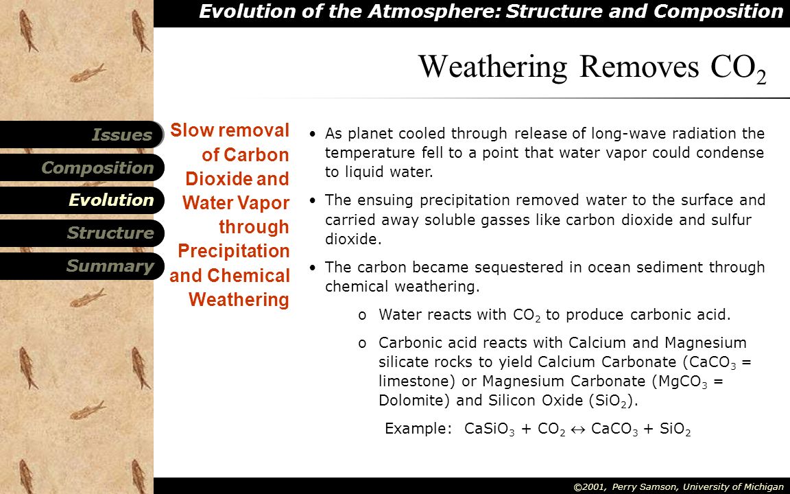 Evolution of the Atmosphere: Structure and Composition Composition Structure Summary Evolution Issues ©2001, Perry Samson, University of Michigan Slow removal of Carbon Dioxide and Water Vapor through Precipitation and Chemical Weathering As planet cooled through release of long-wave radiation the temperature fell to a point that water vapor could condense to liquid water.