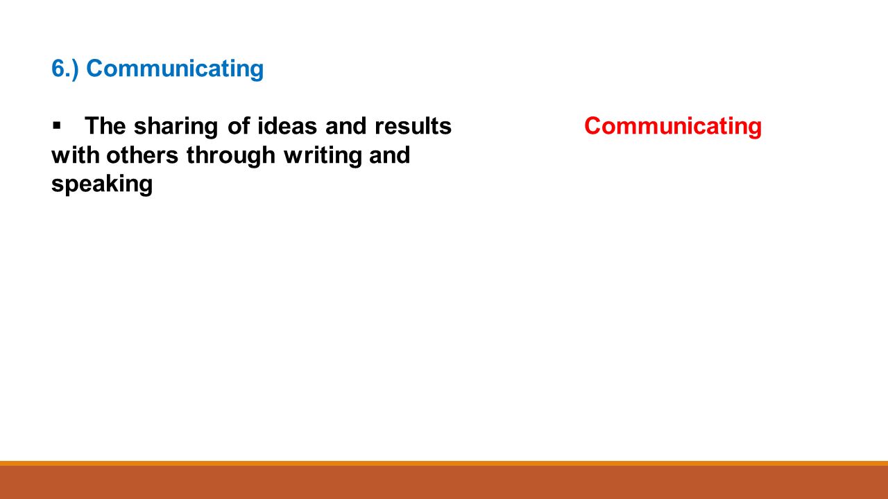 6.) Communicating  The sharing of ideas and results Communicating with others through writing and speaking
