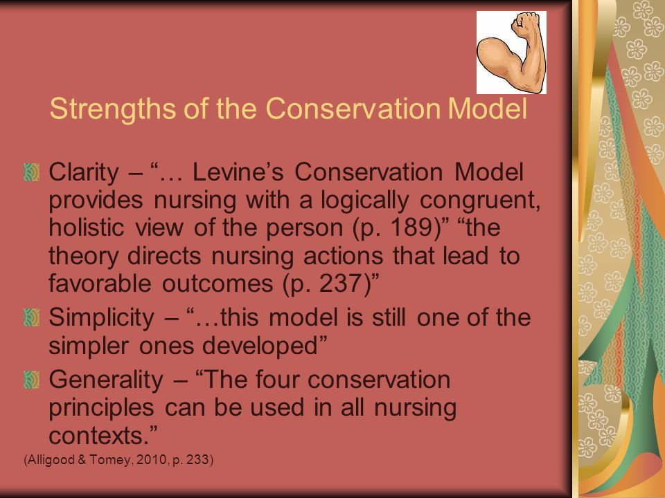 Strengths of the Conservation Model Clarity – … Levine’s Conservation Model provides nursing with a logically congruent, holistic view of the person (p.