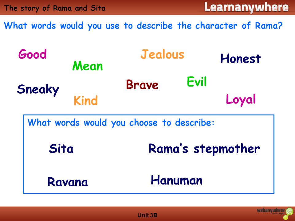 Unit 3B: The story of Rama and Sita. Unit 3B What words would you use to  describe the character of Rama? The story of Rama and Sita What words would  you. -