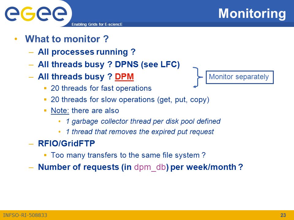 Enabling Grids for E-sciencE INFSO-RI Monitoring What to monitor .