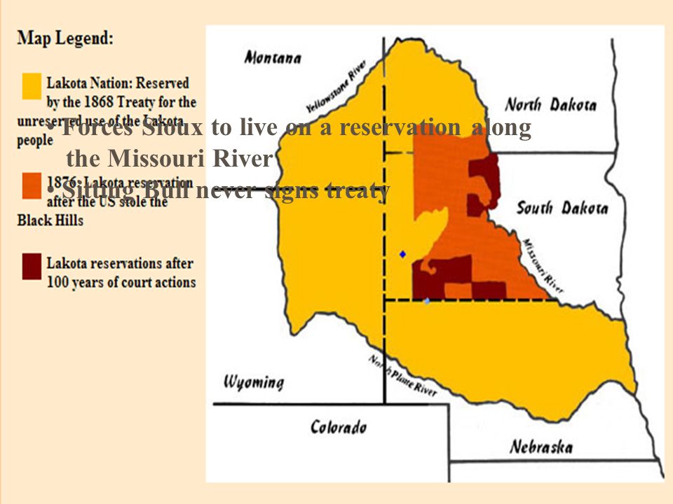 Treaty of Fort Laramie… Forces Sioux to live on a reservation along the Missouri River Sitting Bull never signs treaty